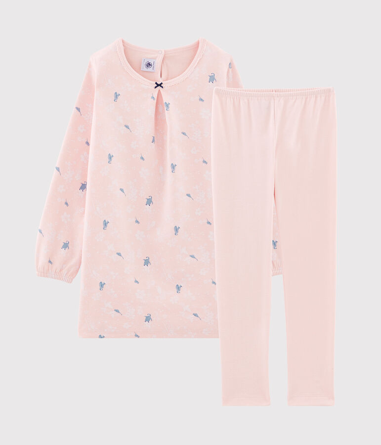 Chemise de nuit manches longues imprim&eacute;e pingouin petite fille en jersey double face rose/multicouleur