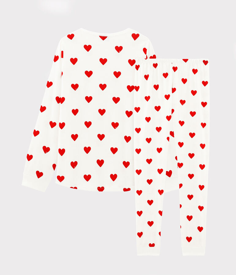 Pyjama fille-femme imprim&eacute; c&oelig;urs en c&ocirc;te blanc/rouge