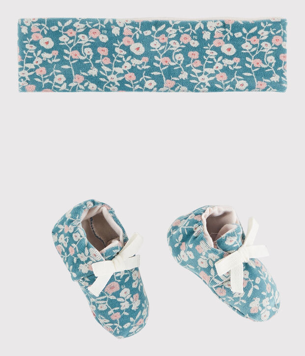 Lot bandeau et chaussons fleuri b&eacute;b&eacute; fille en velours vert/multicouleur
