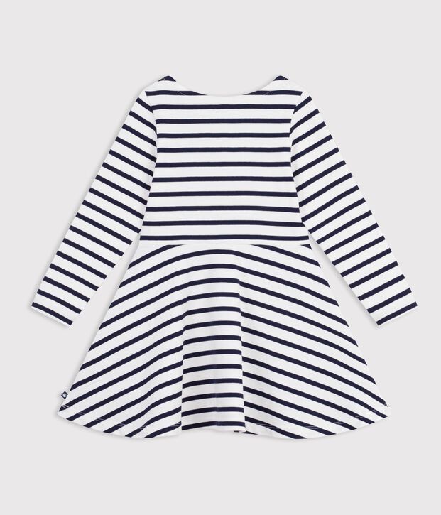 Robe enfant en coton manches longues &agrave; rayures blanc/bleu