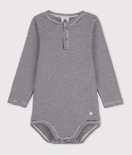 Body manches longues bébé rayé col tunisien en coton bleu SMOKING/blanc MARSHMALLOW