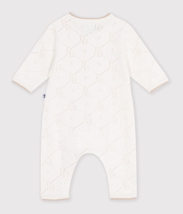 Combinaison longue b&eacute;b&eacute; en tricot de coton ajour&eacute; blanc cass&eacute;