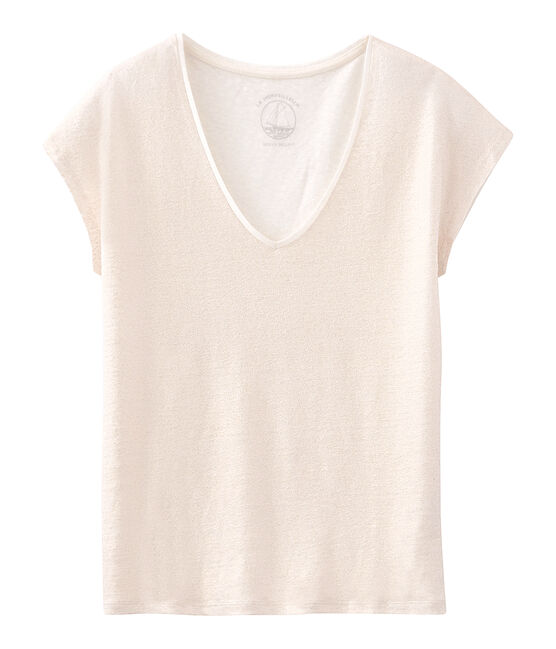 Tee-shirt manches courtes uni femme en lin irisé blanc MARSHMALLOW/rose COPPER