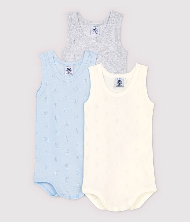 Lot de 3 bodies sans manches ajour&eacute;s b&eacute;b&eacute; en coton biologique multicouleur
