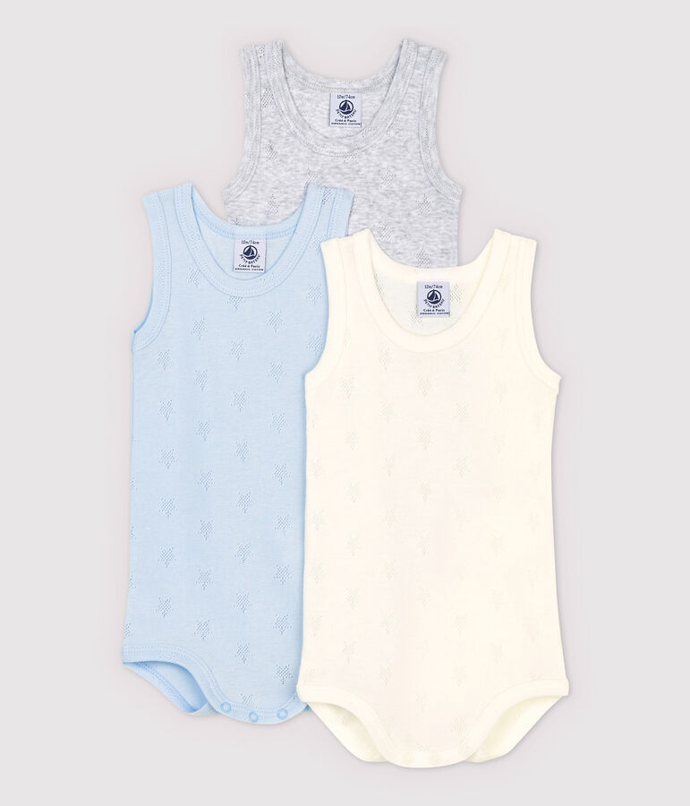 Lot de 3 bodies sans manches ajour&eacute;s b&eacute;b&eacute; en coton biologique multicouleur