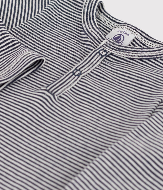 Body manches longues b&eacute;b&eacute; ray&eacute; col tunisien en coton bleu/blanc