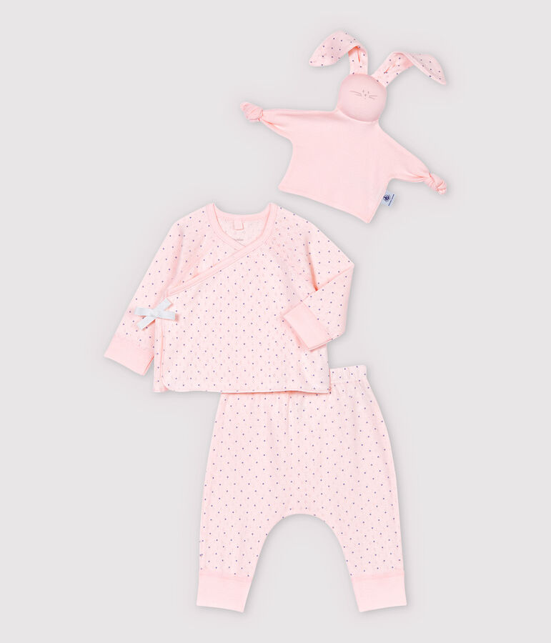 Ensemble 3 pi&egrave;ces rose b&eacute;b&eacute; fille en coton biologique rose/bleu