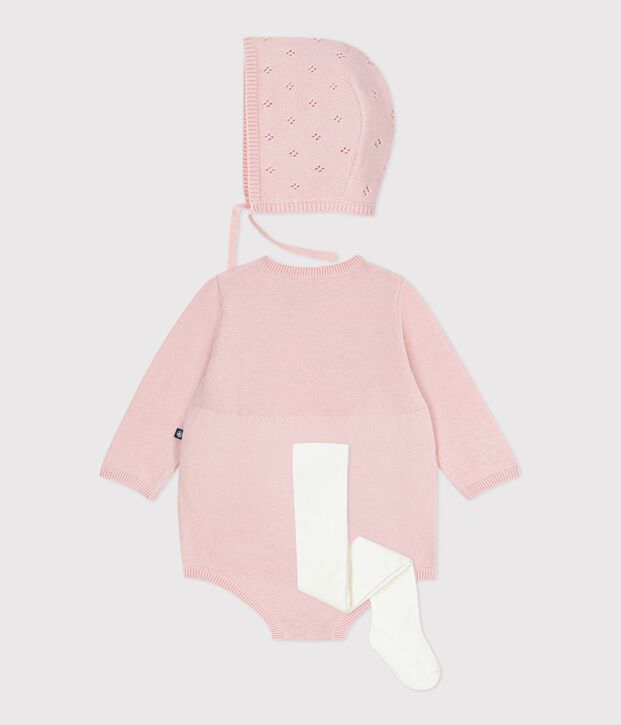Ensemble cadeau b&eacute;b&eacute; beguin, barboteuse et collant en tricot multicouleur