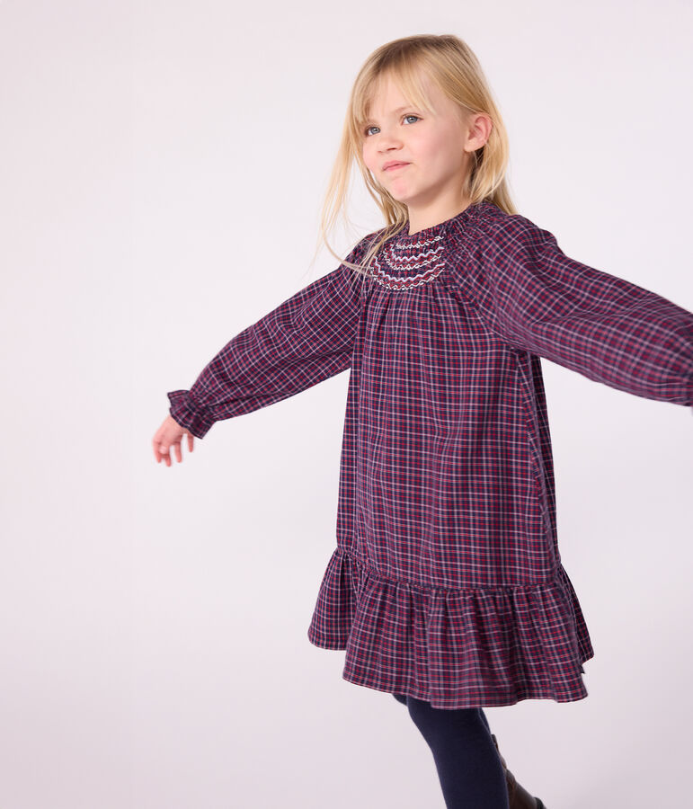 Robe enfant manches longues en flanelle &agrave; carreaux bleu/multicouleur