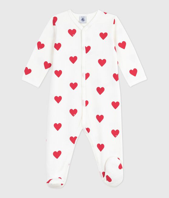 Pyjama bébé en molleton gratté à col imprimé cœurs blanc MARSHMALLOW/rouge TERKUIT