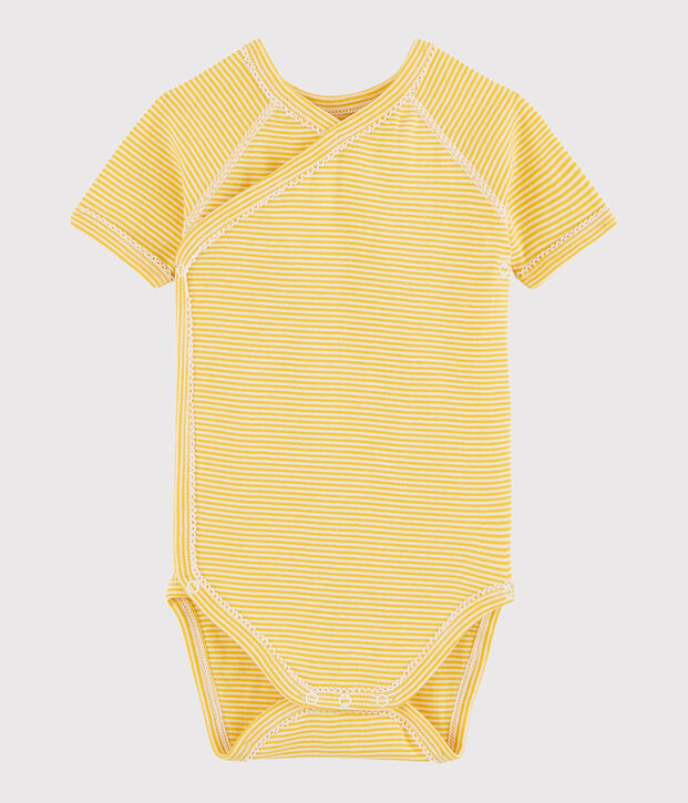 Body crois&eacute; manches courtes b&eacute;b&eacute; fille-gar&ccedil;on jaune/blanc