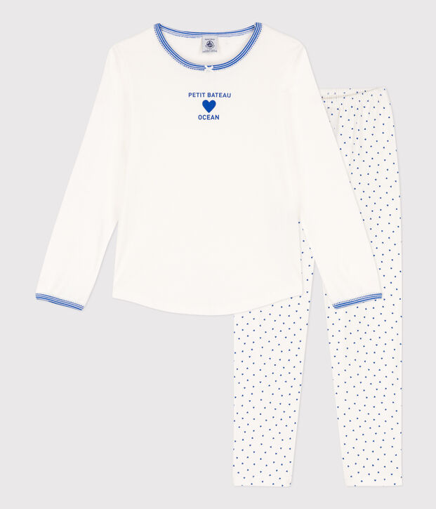 Pyjama en coton petite fille blanc/bleu