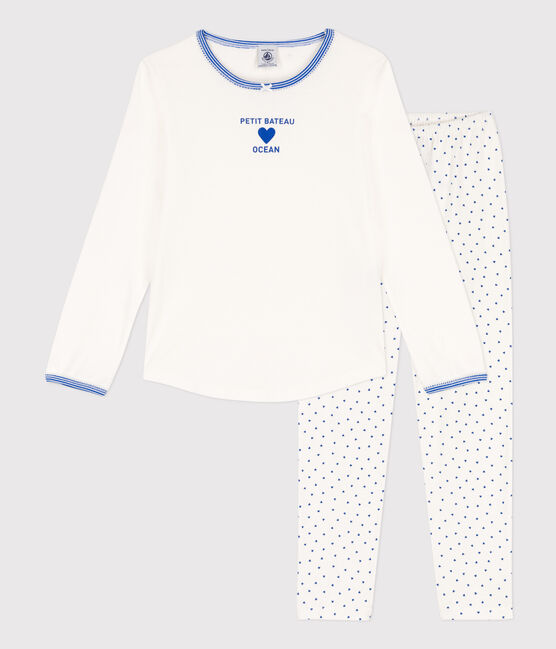 Pyjama en coton petite fille blanc MARSHMALLOW/bleu PERSE