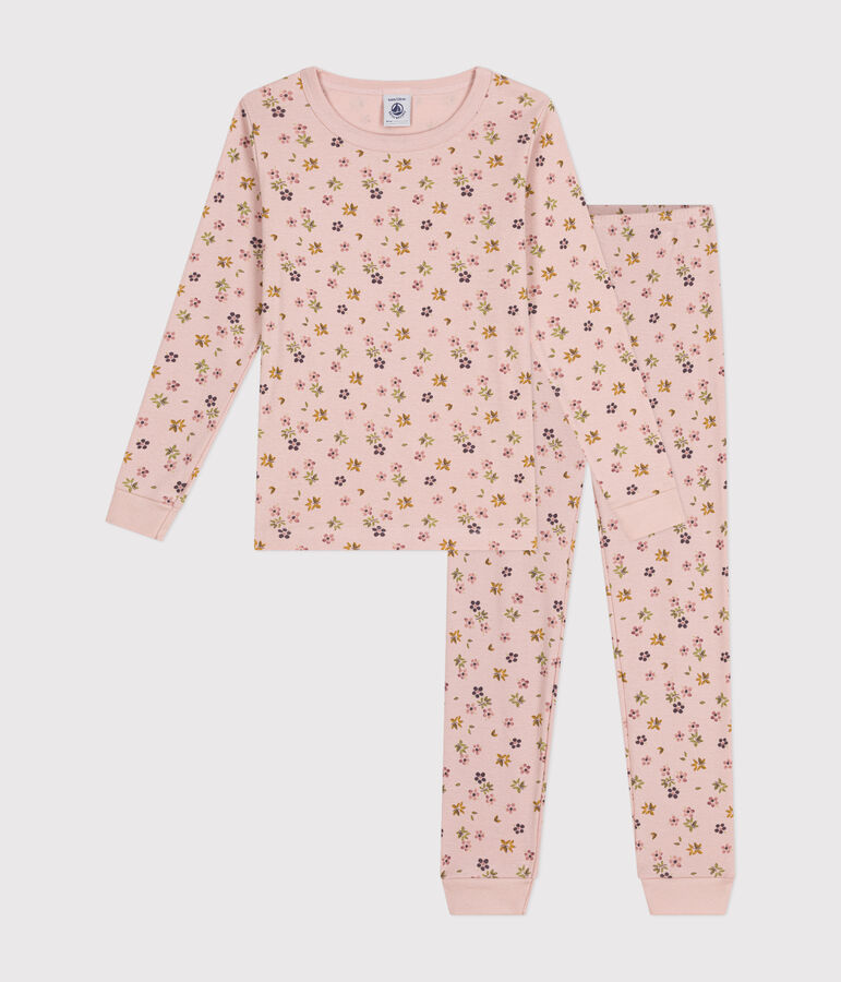 Pyjama ajust&eacute; en coton imprim&eacute; &agrave; fleurs enfant rose/blanc