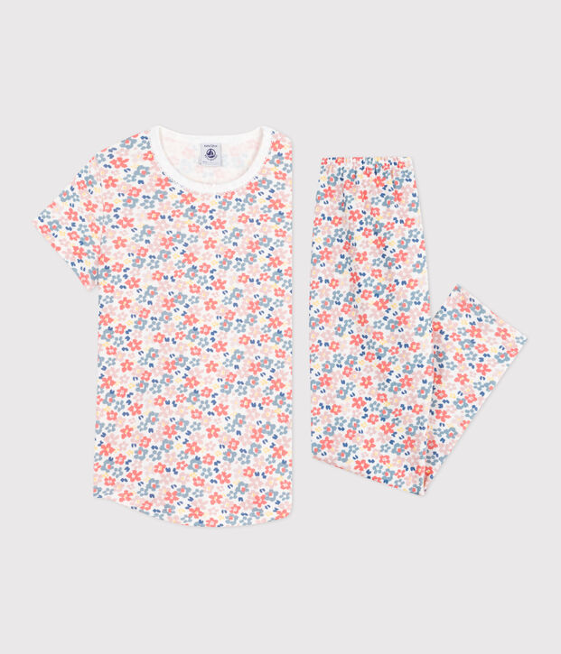 Pyjama enfant en coton manches courtes et jambes longues imprim&eacute; blanc/multicouleur