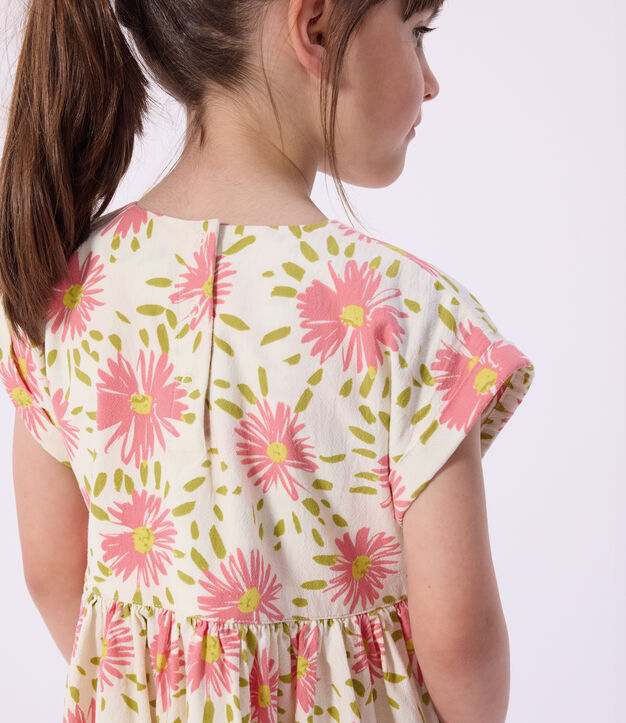 Robe enfant manches courtes en coton &agrave; fleurs blanc/multicouleur