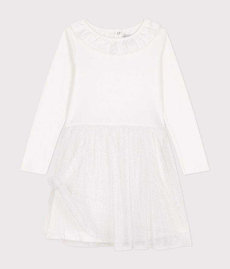 Robe en c&ocirc;te et tulle enfant fille blanc MARSHMALLOW