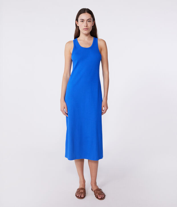 Robe d&eacute;bardeur longue femme en coton bleu vif