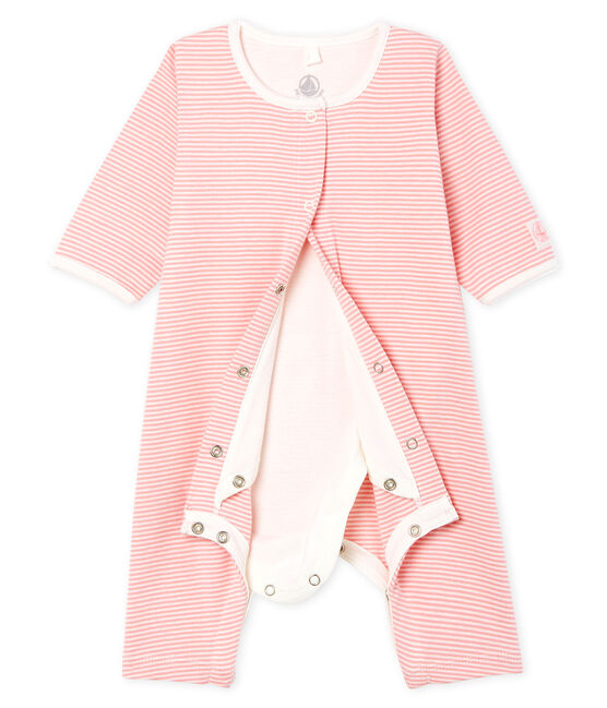 Bodyjama sans pieds bébé fille en côte rose CHARME/blanc MARSHMALLOW