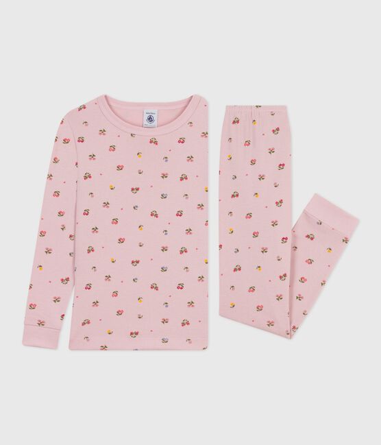 Pyjama enfant en coton jambes très ajustées imprimé fleurs rose JOLI/blanc MULTICO