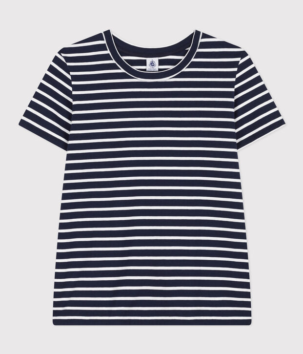 Tee-shirt LE DROIT col rond en coton Femme bleu/blanc