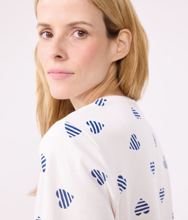Pyjama short femme en coton imprim&eacute; coeurs blanc/multicouleur
