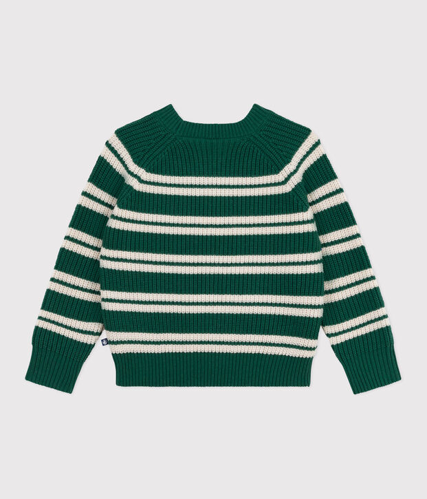 Pull enfant en laine et coton &agrave; rayures vert/&eacute;cru