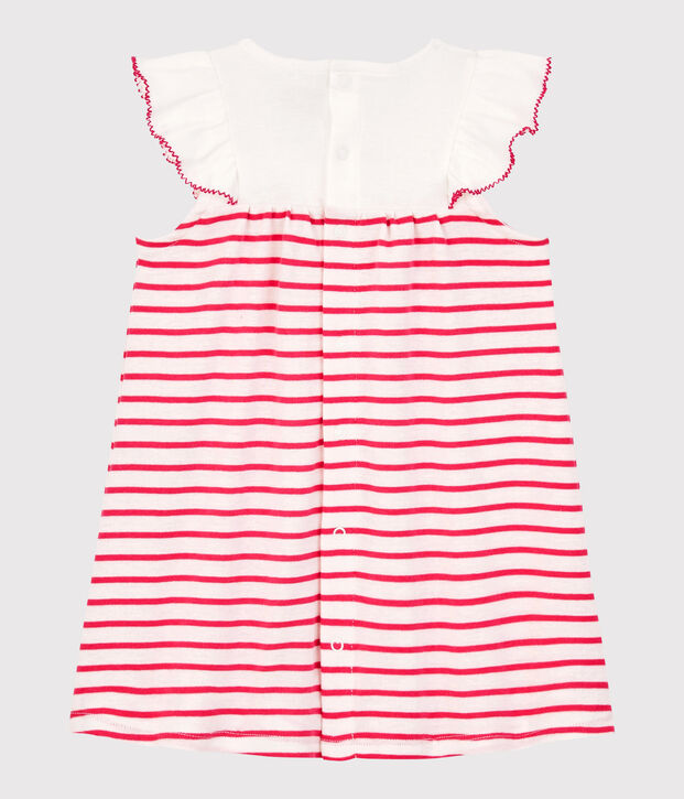 Robe manches courtes en c&ocirc;te ray&eacute;e b&eacute;b&eacute; fille blanc/rose