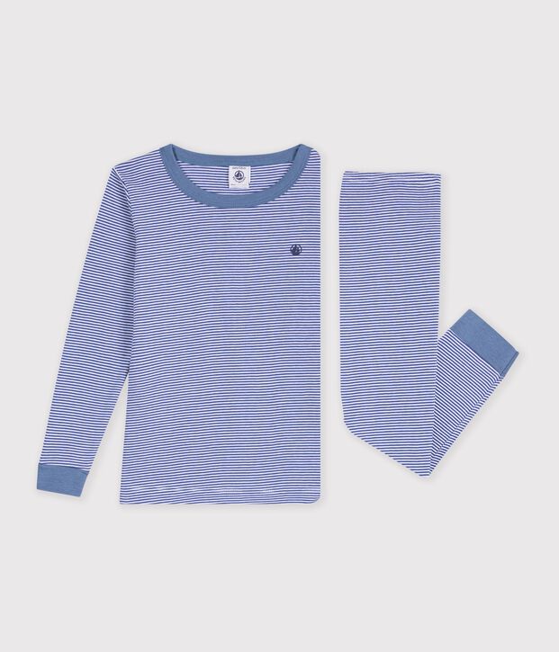 Pyjama tr&egrave;s ajust&eacute; enfant en coton &agrave; rayures bleu/blanc