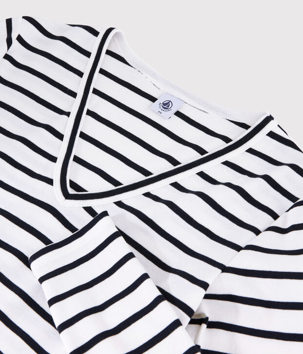 T-shirt col V iconique en coton Femme blanc/bleu