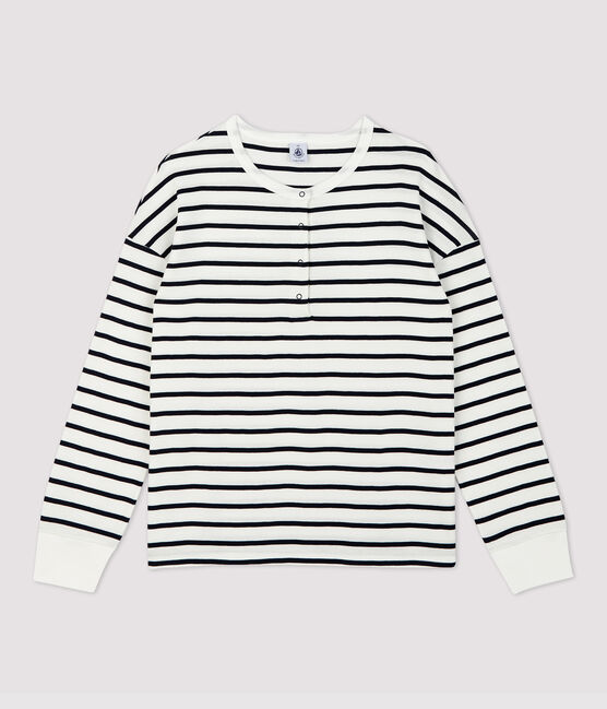 T-shirt marinière col tunisien en coton Femme blanc MARSHMALLOW/bleu SMOKING