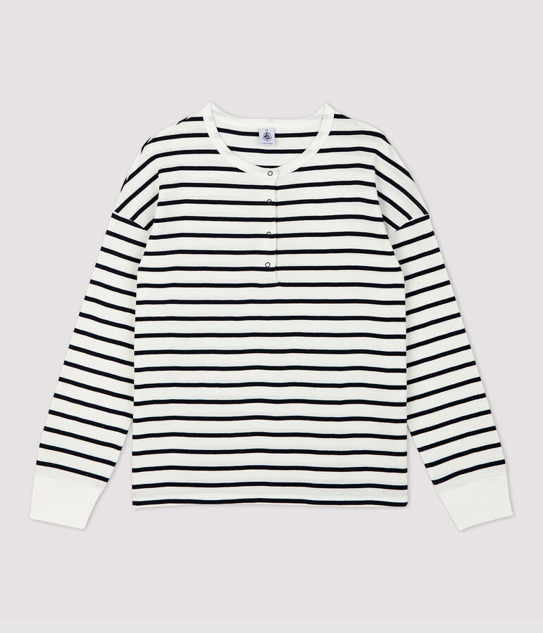 T-shirt marini&egrave;re col tunisien en coton Femme blanc MARSHMALLOW/bleu SMOKING