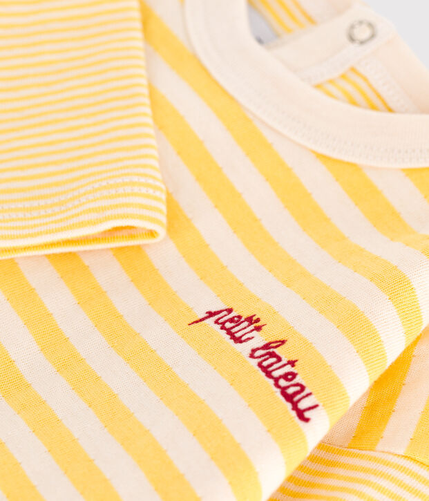 T-shirt b&eacute;b&eacute; en coton &agrave; manches longues ray&eacute; jaune/&eacute;cru