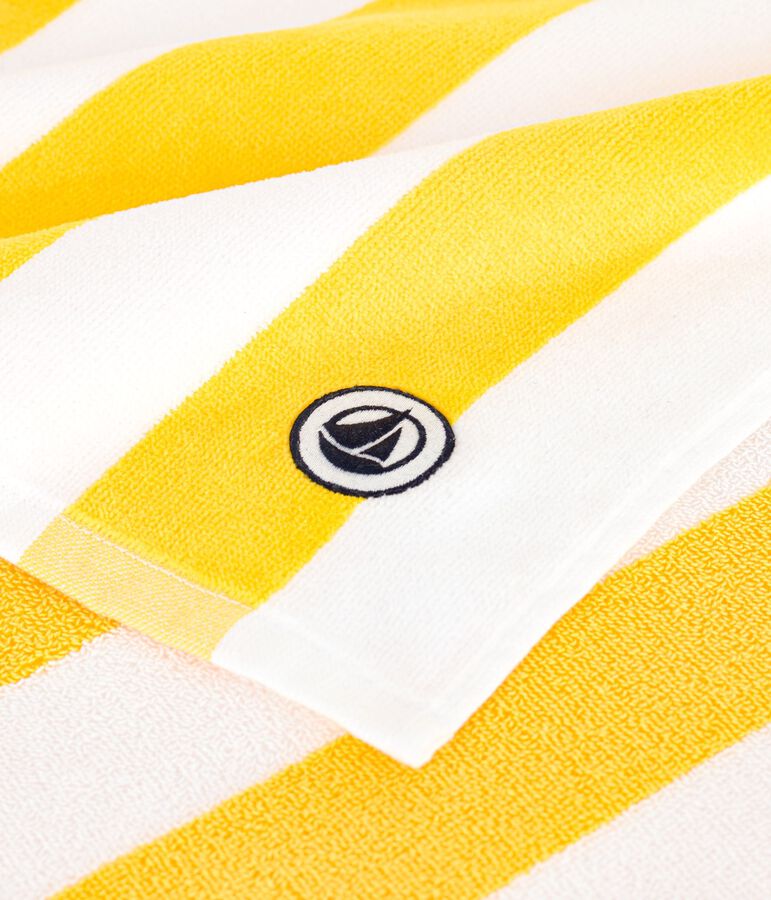 Serviette de plage en coton &eacute;ponge &agrave; rayures jaune/blanc