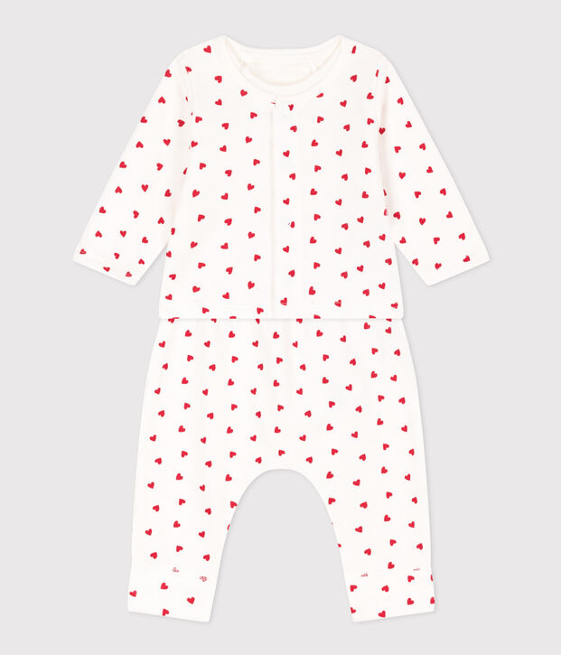 Ensemble en molleton imprim&eacute; petits c&oelig;urs b&eacute;b&eacute; blanc/rouge