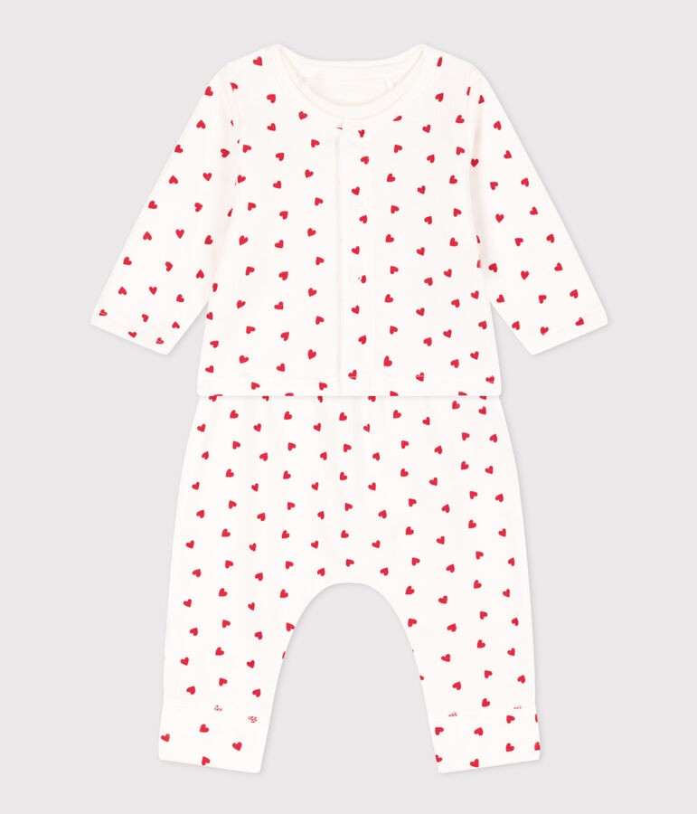 Ensemble en molleton imprim&eacute; petits c&oelig;urs b&eacute;b&eacute; blanc MARSHMALLOW/rouge TERKUIT