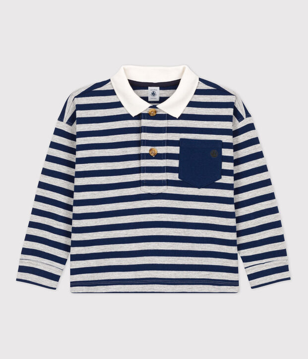 Polo ray&eacute; manches longues en coton enfant gar&ccedil;on bleu/gris