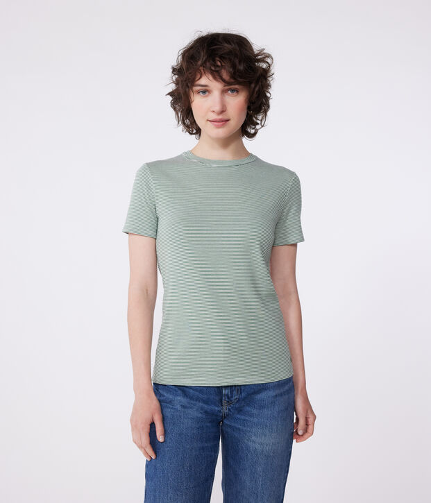 Tee-shirt Femme l'Iconique en coton ray&eacute; vert/blanc