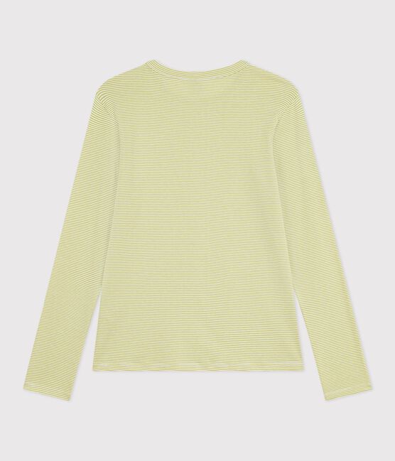 Tee-shirt femme en coton manches longue à rayures vert MOSS/ MARSHMALLOW
