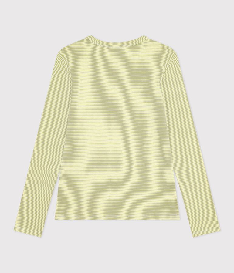 Tee-shirt femme en coton manches longue &agrave; rayures vert MOSS/ MARSHMALLOW