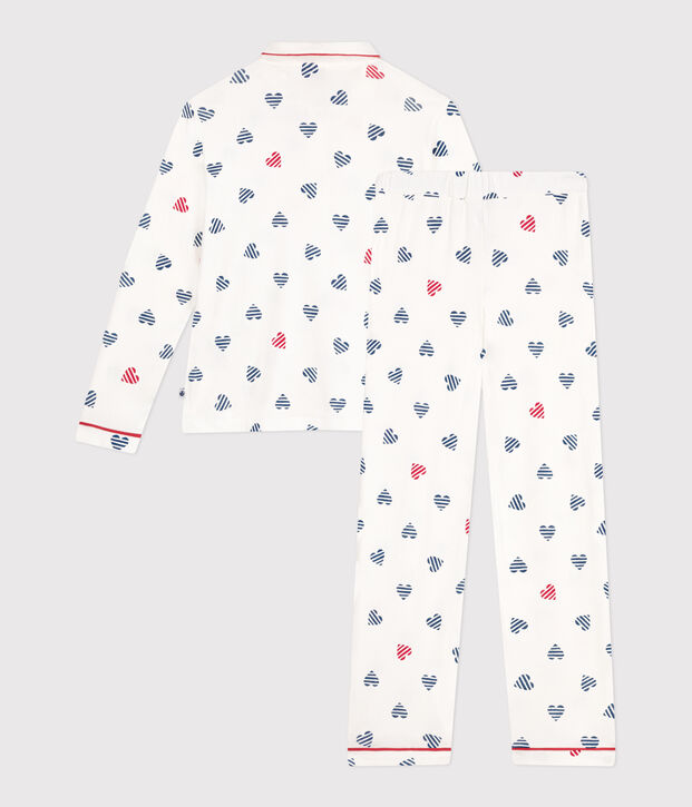 Pyjama femme en coton boutonn&eacute; imprim&eacute; c&oelig;urs blanc/multicouleur