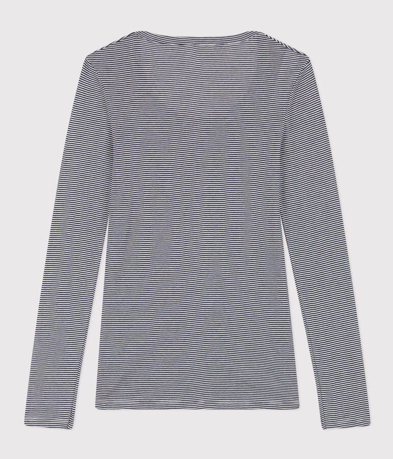 Tee shirt seconde peau en coton l&eacute;ger ray&eacute; Femme bleu SMOKING/blanc MARSHMALLOW