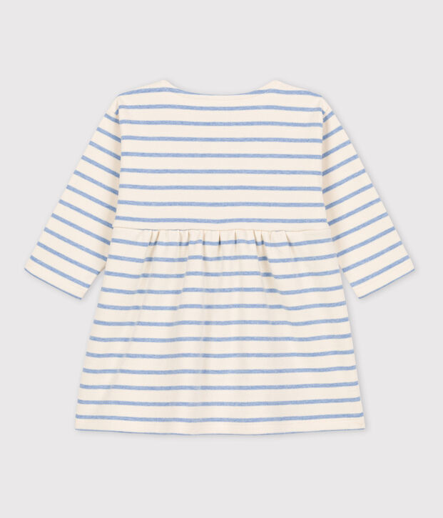 Robe manches longues b&eacute;b&eacute; &agrave; rayure marini&egrave;re en coton &eacute;cru/bleu