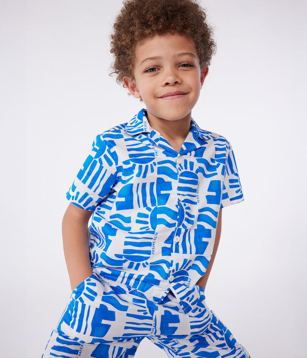 Chemise enfant en coton manches courtes imprim&eacute;e bleu/bleu