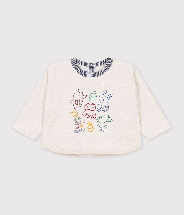 Tee-shirt b&eacute;b&eacute; en coton manches longues uni &agrave; motif beige chin&eacute;