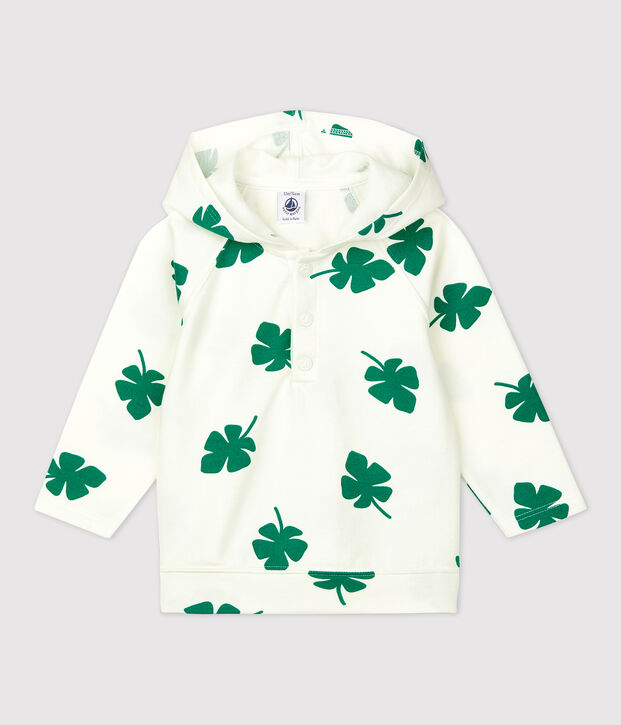 Sweatshirt &agrave; capuche imprim&eacute; v&eacute;g&eacute;tal en molleton b&eacute;b&eacute; blanc/vert