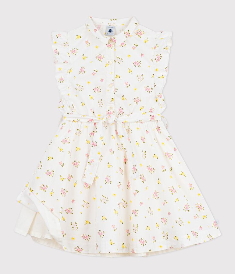 Robe sans manches enfant en coton imprim&eacute;e fleurs blanc MARSHMALLOW/blanc MULTICO