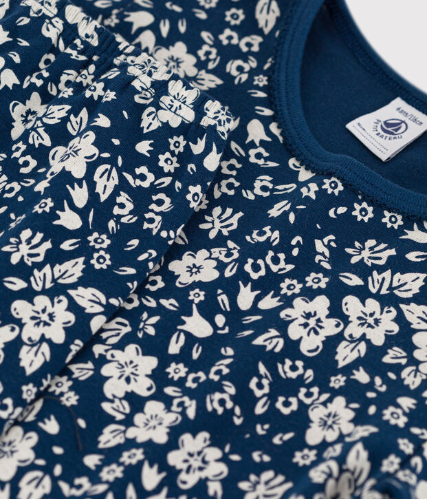 Pyjama fleur petite fille en coton bleu/blanc