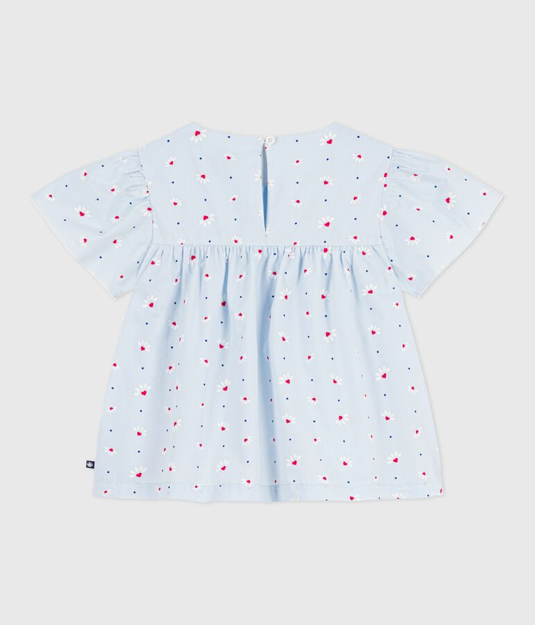 Blouse enfant en popeline de coton manches courtes imprim&eacute;e bleu FRAICHEUR/blanc MULTICO