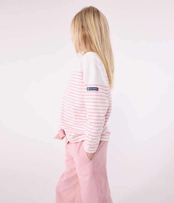 Teeshirt marinière enfant en coton manches longues blanc MARSHMALLOW/rose CHARME